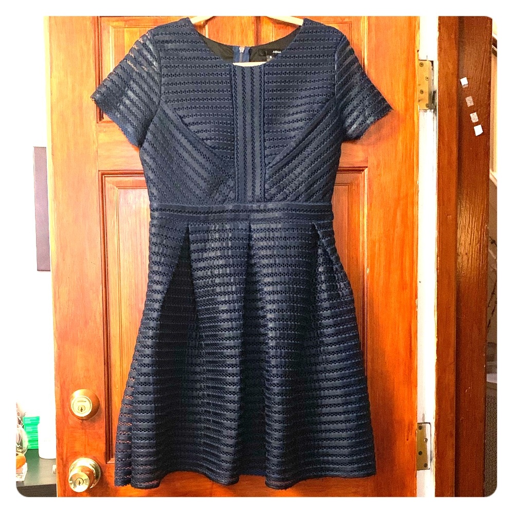 AQUA Fit and Flare Short Sleeve Navy Dress